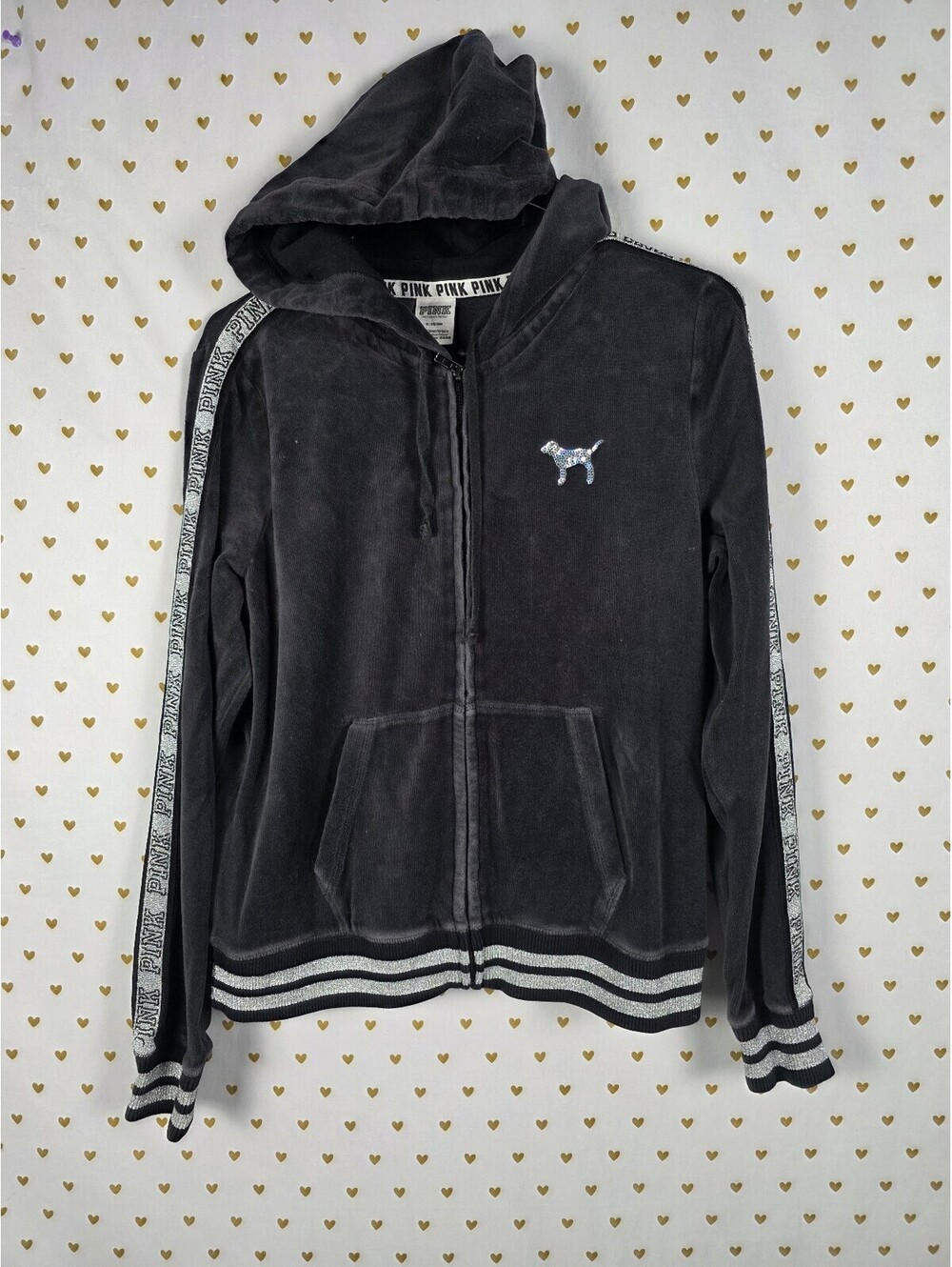 Victorias Secret Pink BLING Sequin VELOUR Hoodie Full Zip Medium Black Jacket